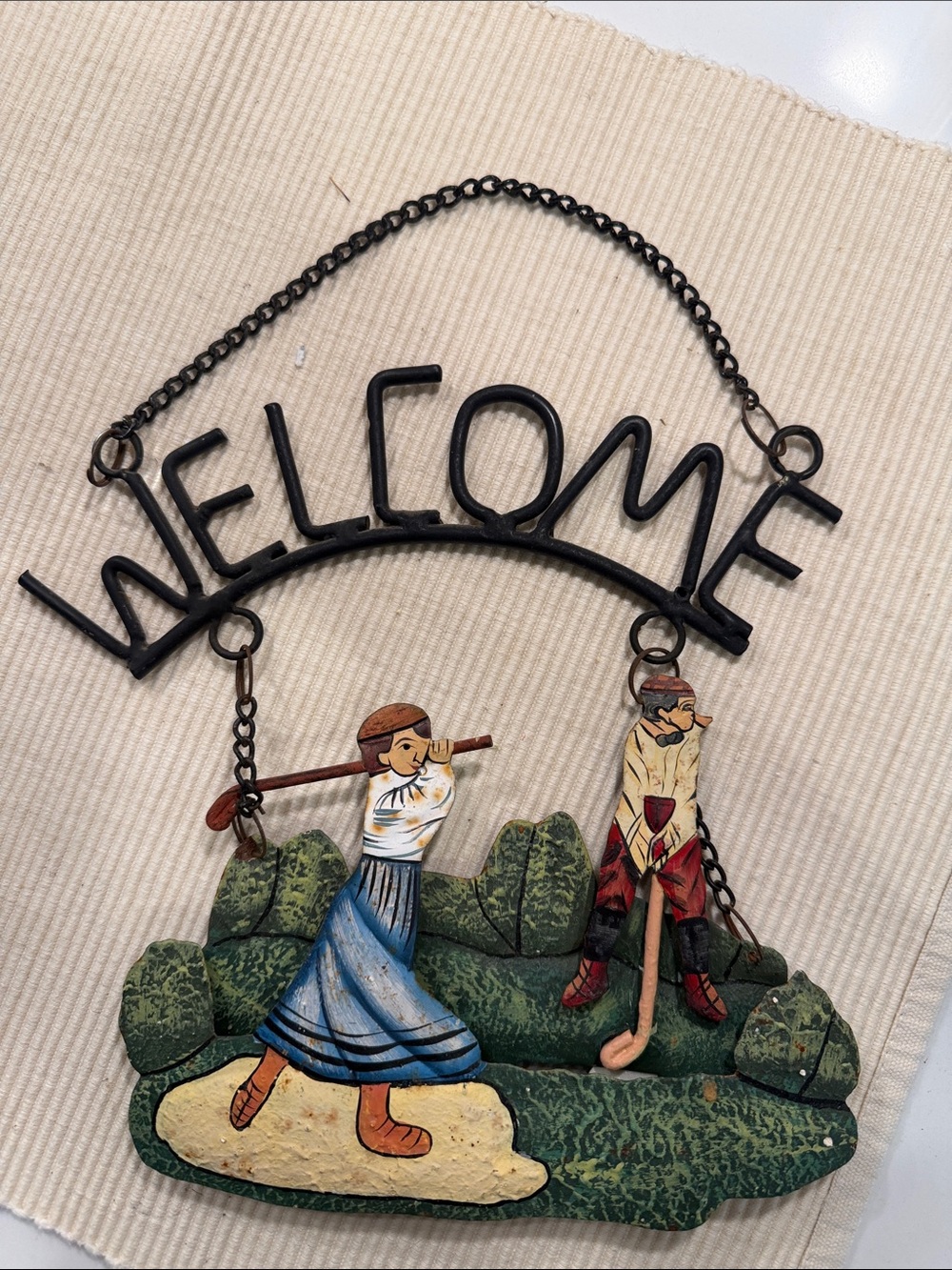 Vintage Welcome Wall Hanging - Black Metal with Multicolor Golf Scene